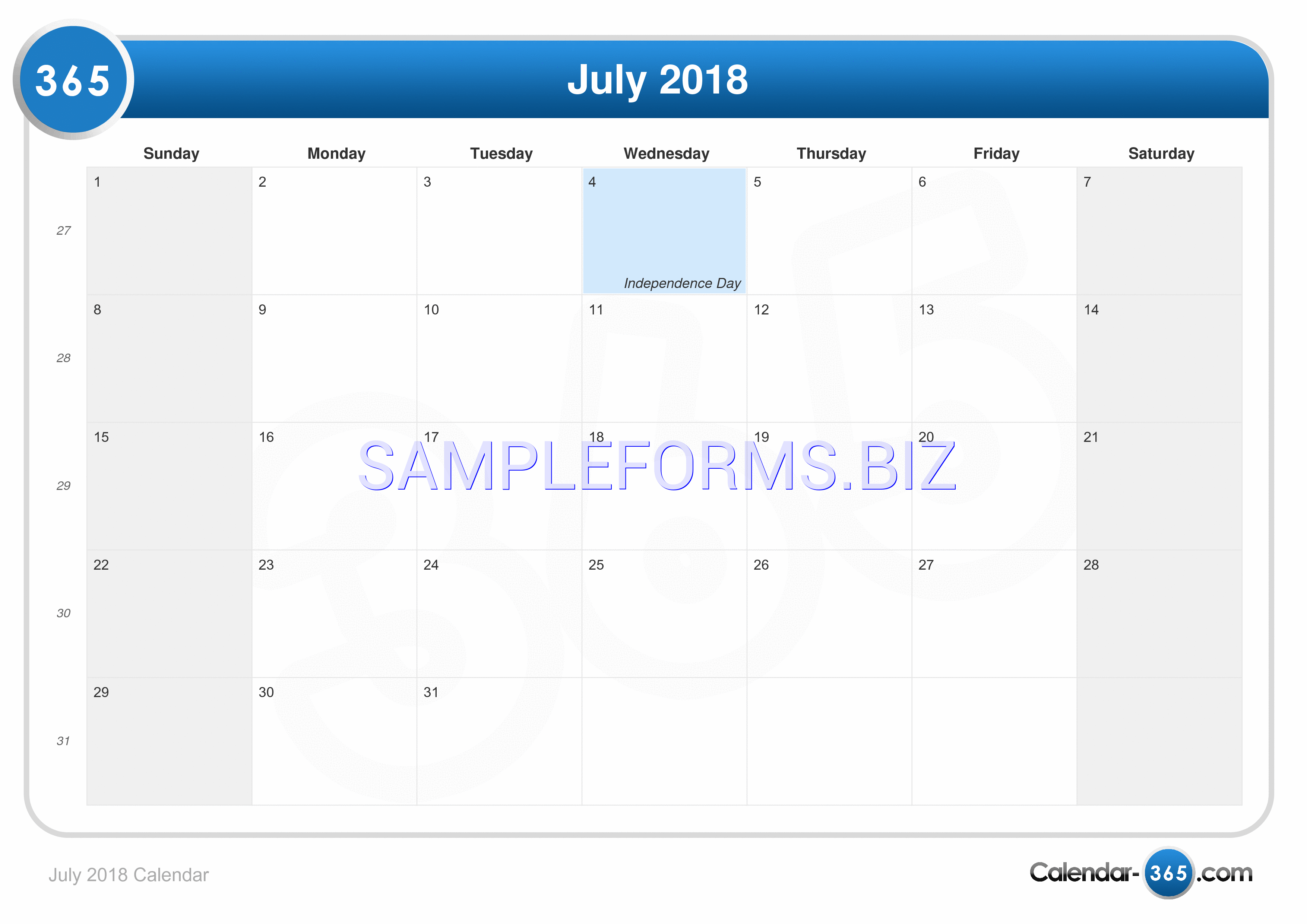Preview free downloadable July 2018 Calendar 3 in PDF (page 1)